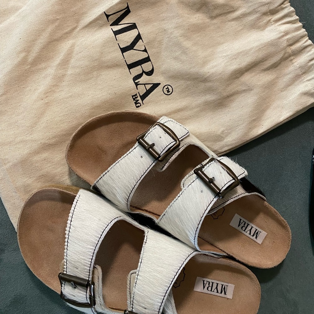 Myra Bag brand real calf hair sandals.